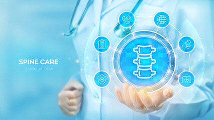Spine care. Spine health. Back pain spine treatment, Physiotherapy, Diagnostics concept. Doctor holding in hand Spine icon and medical icons network connection on virtual screen. Vector illustration.