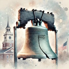 Liberty Bell For Patriot Day, Freedom Bell, Independence Day Illustration. Watercolor US Colors, Stars and Stripes Abstract Bell Design. Generative AI