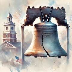 Liberty Bell For Patriot Day, Freedom Bell, Independence Day Illustration. Watercolor US Colors, Stars and Stripes Abstract Bell Design. Generative AI