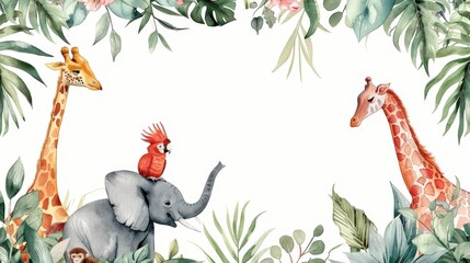 Beautifully illustrated jungle scene showcasing two giraffes, an elephant carrying a red parrot on its back, surrounded by greenery and tropical plants in an enchanting setup.