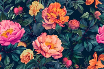 Vibrant Floral Pattern with Peonies and Roses