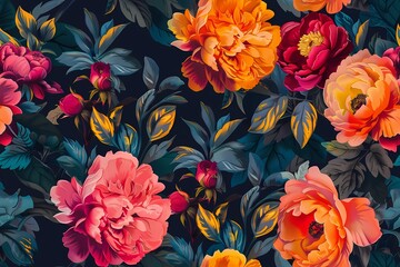 Vibrant Floral Pattern with Peonies and Leaves