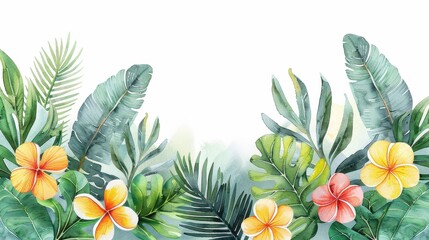 Naklejka premium An exotic tropical-themed frame brimming with green leaves and colorful flowers, ideal for vibrant projects that require a touch of nature and beauty.