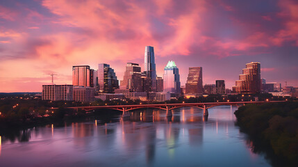 Fototapeta premium Stunning Capture of Austin City Skyline at Sunset Reflecting on Lady Bird Lake