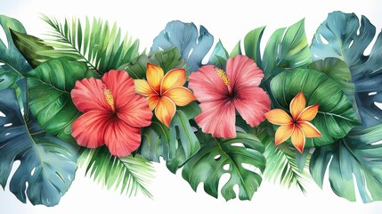 A serene and lush tropical floral arrangement, featuring a vibrant mix of leaves and exotic flowers, capturing the essence of a tropical paradise, idyllic for decor.