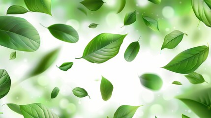 A dynamic image showcasing vibrant green leaves of varying shapes and sizes floating gracefully on a glowing white background, creating an ethereal nature scene.