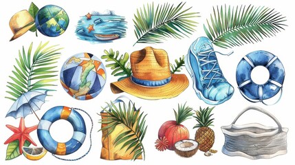 This image features various beach-themed decorative elements including life buoys, globes, hats, shoes, and tropical plants, perfect for creative projects or stock usage.