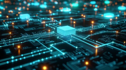Obraz premium Digital Circuit Board With Glowing Blue Lines and Orange Lights