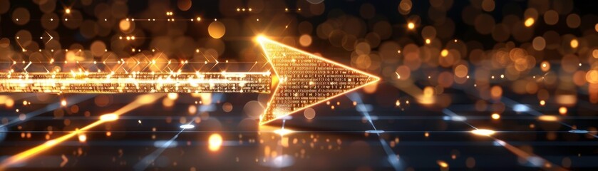 Glowing neon arrow with sparkling lights, futuristic technology background with bokeh effect, high-resolution digital illustration.