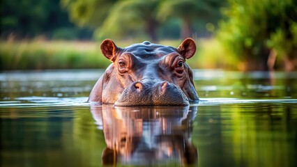 Fototapeta premium Hippopotamus submerged in calm water, hippopotamus, water, submerged, wildlife, animal, mammal, aquatic, river, lake, peaceful