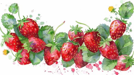 Strawberries and green leaves are spread out in an intricate arrangement with splashes of red and green color, creatively illustrated in a realistic watercolor style.