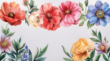 A lively and vibrant arrangement of various flowers in a watercolor painting, showcasing red, pink, blue, and yellow blooms surrounded by lush green foliage.
