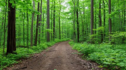 Fototapeta premium A lush forest with trees that tower into the sky, where magical pathways lead to hidden villages inhabited by fantastical beings