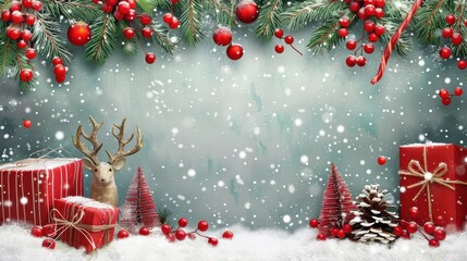 Christmas scene with plush reindeer, gifts, berries, pinecones, red ornaments, and snow-covered foliage, creating a festive and cozy winter holiday atmosphere.