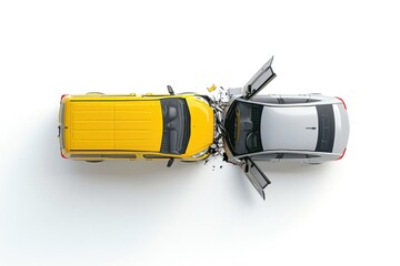 Top view of generic cars in yellow van crash.