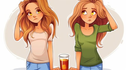 An illustration of two women with long hair posing with a drink on a flat surface, dressed in casual attire and displaying a relaxed stance with smiling expressions.