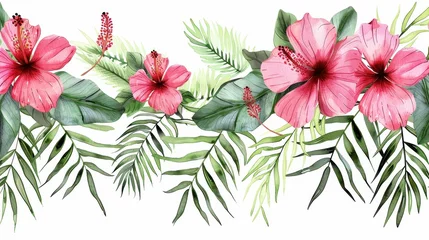 Selbstklebende Fototapeten An artistic representation of pink hibiscus flowers and abundant green foliage, arranged in a flowing style showcasing the beauty of tropical and botanical elements. © Design Depot