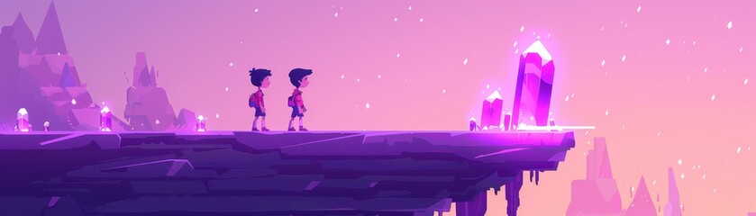 A duo of explorers on an underground adventure, navigating a maze of caves lit by glowing crystals and bioluminescent fungi