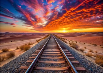 Fototapeta premium Railway tracks stretch endlessly across arid dunes, converging at the vanishing point as vibrant hues of orange and pink paint the desert sky at dusk.