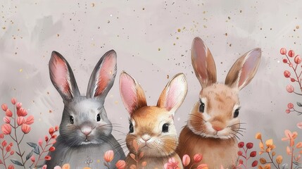 Illustration featuring three cute rabbits among colorful flowers, capturing the beauty of nature and the lively, gentle spirit of these adorable creatures in a whimsical style.