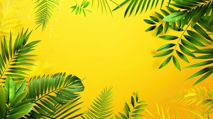 A bright and lively depiction of tropical leaves set against a sunny yellow background, showcasing various shades of green and evoking a warm, summer-like feeling.