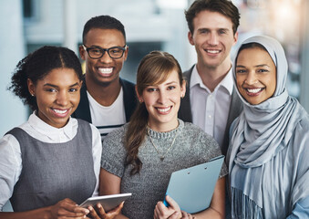Team, diversity and portrait of business people with smile, confidence and solidarity at global...