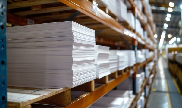 Close-up of a stack of white paper reams on a shelf in a warehouse. AI.