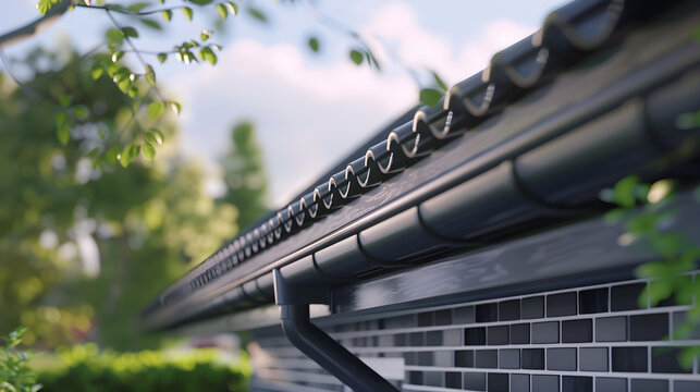 Nouvelle descente noire install&eacute;e sur un toit en tuiles avec fa&ccedil;ade de maison propre