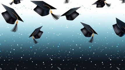 Illustration of graduation caps being tossed into the air, symbolizing celebration, achievement, and joy, with a background featuring stars and sparkles for a festive touch.