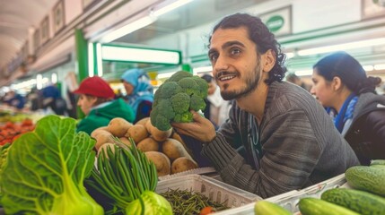 Fototapeta premium A man holds a broccoli in a market. AI.