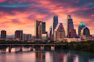 Fototapeta premium Stunning Capture of Austin City Skyline at Sunset Reflecting on Lady Bird Lake