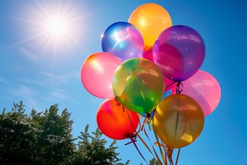 A vibrant, colorful bouquet of balloons tied with shiny ribbons, floating in a bright outdoor garden with a clear blue sky and sunshine.