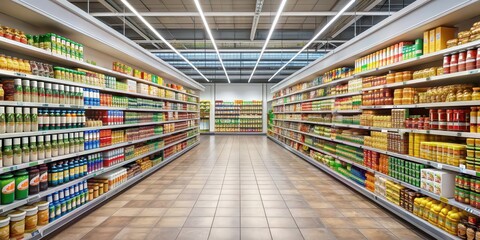 Fototapeta premium Supermarket interior filled with shelves of assorted products, groceries, shopping, retail, store, aisle, consumerism
