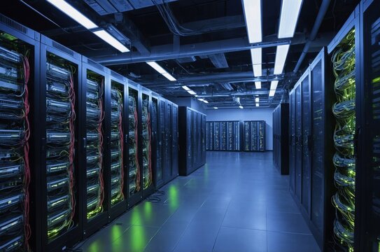 Long row of black servers with flashing green lights fill modern data center