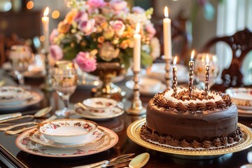 Fototapeta premium An elegant birthday dinner table set with fine china, a centerpiece of flowers, and a decadent chocolate cake with candles.