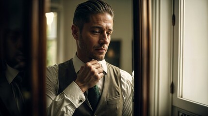 Man adjusting his tie while looking thoughtful in front of a mirror