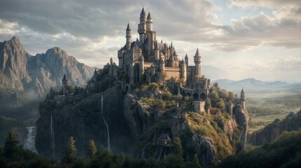 Majestic castle on a mountain with waterfalls and cloudy sky