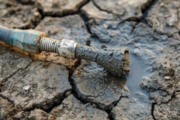 Fototapeta premium A dirty hose is laying on the ground in a muddy area. The hose is covered in mud and dirt, and it is old and worn