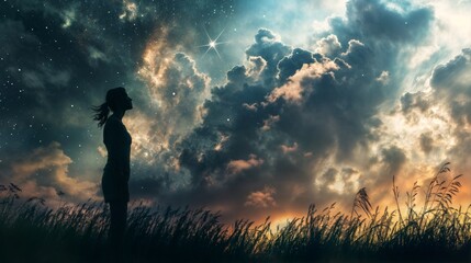 Silhouette of a woman gazing at a starry sky with dramatic clouds