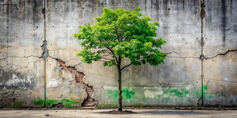 A resilient green tree grows through cracked concrete in front of a weathered wall, symbolizing hope and perseverance amidst urban decay and neglect.