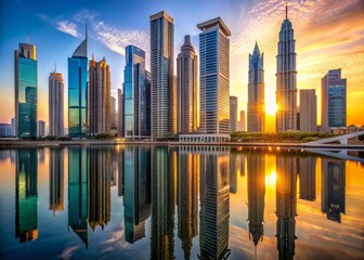Modern sleek skyscrapers with reflective glass and steel facades pierce the sky in a bustling metropolis of Dubai or Abu Dhabi at sunset or dawn.