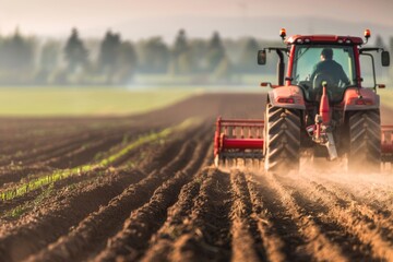 Fototapeta premium Farmer in tractor prepping soil with seedbed for next year