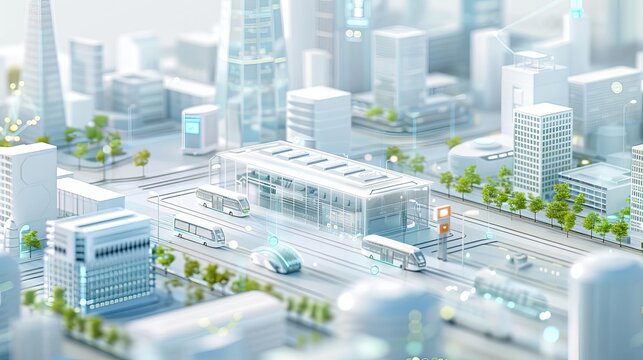 A high-tech urban mobility hub featuring Mobility-as-a-Service platforms with digital kiosks, real-time transport options, and smart ticketing, highly detailed, photorealistic