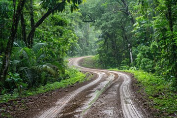 Fototapeta premium A dirt road in a forest with a lot of trees. The road is wet and muddy. The trees are green and lush