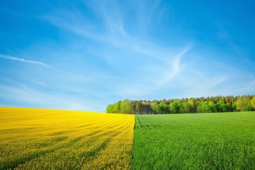 Fototapeta premium Farming concept involving holistic management for regenerative agriculture Yellow field under blue sky green forest with grass