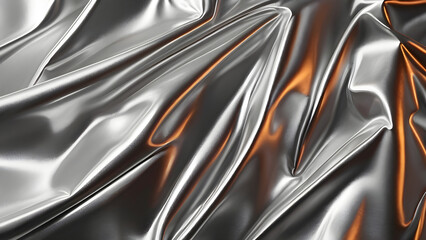 Silver metallic silk satin folded fabric background.
