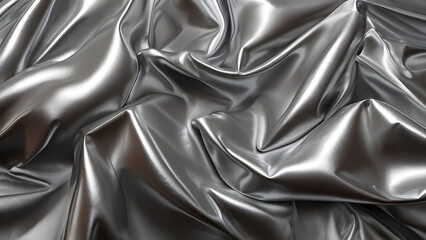 Fototapeta premium Silver metallic silk satin folded fabric background.