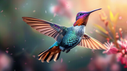 Obraz premium Hummingbird flying vibrant colors, AI Generative.