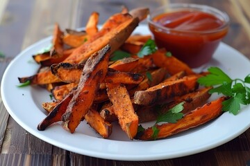 Homemade sweet potato fries with mayo and ketchup oven roasted