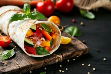 Homemade veggie couscous wrap with fresh veggies and basil on rustic table